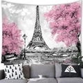 Eiffel Tower oil painting wall tapestry displayed over a modern sofa in a living room - Eiffel Tower Cherry Blossom Oil Painting Style (7) / 100x70(Peach Skin)