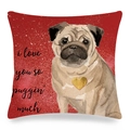 Detail of linen pug cushion cover featuring red glitter background and heart accents - 18x18 Inch / Red Glitter Heart (16)