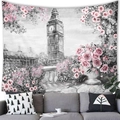 Detailed texture of black and white Big Ben tapestry with pink floral accents on wall - London Big Ben Pink Flowers Style(10) / 100x70(Peach Skin)