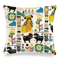 Detailed close-up showing the natural linen texture and colorful pug art on the pillow cover - 18x18 Inch / Nordic Folk Decor (13)