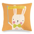 Osterhasen-Kissenbezug aus Leinen in Gelb mit Hoppy Easter Cartoon-Aufdruck - 45x45cm / Oranger Hintergrund Hase mit Fahne Muster