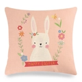 Osterhasen-Kissenhülle aus Leinen mit Blumenkranz und Happy Easter Text auf Rosa - 45x45cm / Rosa Hintergrund Hase mit Kranz Muster