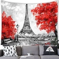 Impressionist Eiffel Tower wall tapestry with red trees above a modern living room sofa - Impressionist Art Red Tree Tower Style (19) / 100x70(Peach Skin)