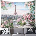 Romantic oil painting style Eiffel Tower wall tapestry hanging above a grey sofa - Pink Paris Balcony Scenery Style (20) / 100x70(Peach Skin)