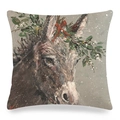 Detalle de la funda de cojín de lino mostrando textura tejida y pintura de un burro - Burro Gris con Corona de Navidad (19)