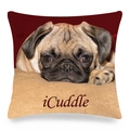 Linen pillow cover with a pug dog print and iCuddle text on a dark red background - 18x18 Inch / iCuddle Heart (5)
