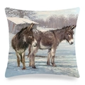 Funda de cojín cuadrada de lino con pintura al óleo de burro lindo y escena de nieve - Burros en la Nieve de Invierno (1)