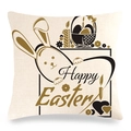 Happy Easter linen pillow case featuring bunny and egg basket on white background - Style 11