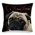 Linen blend square pillowcase featuring Pug face print with I Love Pugs red heart design - 18x18 Inch / Black Background Heart Close-up (9)