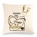 Beige linen Easter pillow cover with cartoon rabbit and Happy Easter text - Style 12