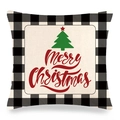Détail de la taie d'oreiller de Noël à carreaux avec sapin vert et texte Merry Christmas - Sapin Écriture Joyeux Noël / 45x45 cm