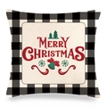Détail de la taie d'oreiller de Noël en lin avec motif écossais noir et lettrage rouge - Sapin de Cloches Joyeux Noël / 45x45 cm