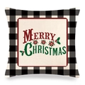 Détail de la housse de coussin en lin avec bordure à carreaux noirs et motif Merry Christmas - Décor Floral de Joyeux Noël / 45x45 cm