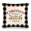 Détail de la housse de coussin de Noël à carreaux avec texte festif mistletoe kisses - Vœux de Noël et Baisers de Gui / 45x45 cm