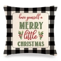 Détail de la taie d'oreiller de Noël à carreaux avec typographie de fête et motif baies - Passe un Joyeux Petit Noël / 45x45 cm