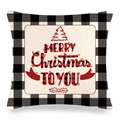 Détail de taie d'oreiller de Noël en lin avec carreaux noirs et lettrage festif rouge - Joyeux Noël à Vous Sapin / 45x45 cm