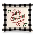 Détail de la taie d'oreiller de Noël en lin avec bordure à carreaux noirs et blancs - Joyeux Noël Gui / 45x45 cm