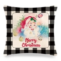 Close-up of linen Christmas pillow case with Santa print and black buffalo plaid border - Santa and Gift Bag (14) / 18x18 Inch