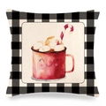 Detail of Christmas buffalo plaid pillowcase with watercolor mug and candy cane design - Red Mug and Marshmallows (13) / 18x18 Inch