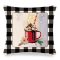 Close-up of linen pillow cover featuring watercolor Christmas mug and buffalo check border - Star Cookie and Hot Drink (12) / 18x18 Inch