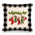 Close-up of linen pillowcase with buffalo plaid borders and festive Christmas decorations - Stocking and Baubles (11) / 18x18 Inch