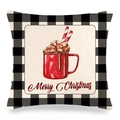 Close-up of linen pillow cover with buffalo plaid border and Merry Christmas print - Mug and Candy Cane (9) / 18x18 Inch