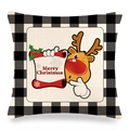 Close-up of linen pillowcase texture showing reindeer print and buffalo plaid borders - Cartoon Reindeer Greeting (6) / 18x18 Inch
