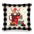 Detail of Christmas linen pillowcase with black plaid border and winter cocoa illustration - Heart Hot Cocoa and Dessert (5) / 18x18 Inch