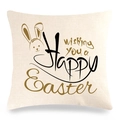 Easter bunny linen pillowcase with black and gold Happy Easter text on beige cover - Style 13