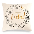 Fodera per cuscino pasquale in lino con corona Happy Easter su fondo beige - Stile Ghirlanda di Pasqua Scrittura Dorata (12)
