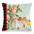 Macro shot of linen texture on winter robin cushion cover with festive buffalo check detail - 18x18 Inch / Watercolor Birds Stake Style (22)