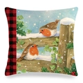 Detailed texture of winter robin linen pillowcase with red plaid edge and snow illustration - 18x18 Inch / Two Robins Fence Style (17)