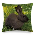 Detailed macro shot of linen cushion cover featuring a rabbit on floral meadow - Dark Brown Rabbit in Flowery Grass (19)