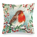 Winter Kissenbezug mit Rotkehlchen Aquarell und Schneebeeren aus Leinen für Sofa - Rotkehlchen Auf Beerenzweig Stil (1)