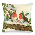 Aquarell-Kissenbezug aus Leinen mit Rotkehlchen-Motiv für das Sofa im Winterdesign - Doppel Rotkehlchen Auf Verschneitem Zweig Stil (3)