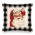 Vintage Santa Claus linen throw pillow cover with black and white buffalo plaid border - Retro Santa Claus (2)
