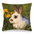 Detailed rabbit on green grass with yellow dandelions linen cushion cover print - Spotted White Rabbit in Dandelions (12)