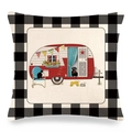 Christmas buffalo plaid linen pillowcase featuring a red vintage camper and pets design - Red Camper Van (4)