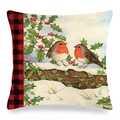 Winterse linnen kussensloop met roodborstjes op sneeuwtakken en ruitjespatroon - 45x45 cm / Roodborstje Verdorven Hout Sneeuw Stijl (3)
