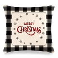 Housse de coussin en lin carrée avec bordure à carreaux noirs et texte de Noël - Flocons de Neige Joyeux Noël / 45x45 cm