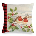 Winter robin linen pillow cover with buffalo plaid pattern and snowy scenery - 18x18 Inch / Robin Snow Cabin Style (5)