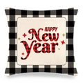 Housse de coussin en lin avec bordure à carreaux noirs et texte HAPPY New Year - Bonne Année à Carreaux / 45x45 cm