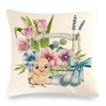 Detail of linen Easter pillow cover with watercolor chick, eggs and spring flowers - Little Chick And Flower Basket Style (8)