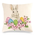 Detailed view of linen Easter pillow cover with watercolor bunny and colorful eggs pattern - Rabbit Under Sakura Branch Style (16)