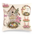 Close-up of Easter linen pillowcase with bunnies, birdhouse and floral print details - Birdhouse And Rabbit Style (6)