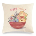 Detail of linen Easter pillowcase featuring two cartoon bunnies and Happy Easter text - Cartoon Rabbits In Red Cup Style (13)