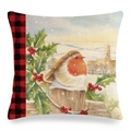 Winter robin bird and buffalo plaid linen pillowcase with watercolor snowy holiday pattern - 18x18 Inch / Robin Watercolor Holly Style (6)