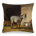 Funda de cojín de lino con estampado de pintura al óleo antigua de burro y gallinas - Pintura al Óleo de Burro y Gallos Clásicos (12)
