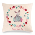 Linen Easter pillowcase featuring a cartoon bunny wreath and Happy Easter Day text - Style 18