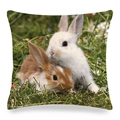 Square linen cushion cover with realistic rabbits in green grass and daisies - Two Rabbits with Daisies (6)
